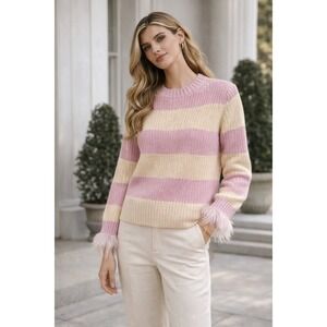 J.Crew‎ Collection Pink Cream Striped Feather Cuff Sweater BO153 Mens Womens S